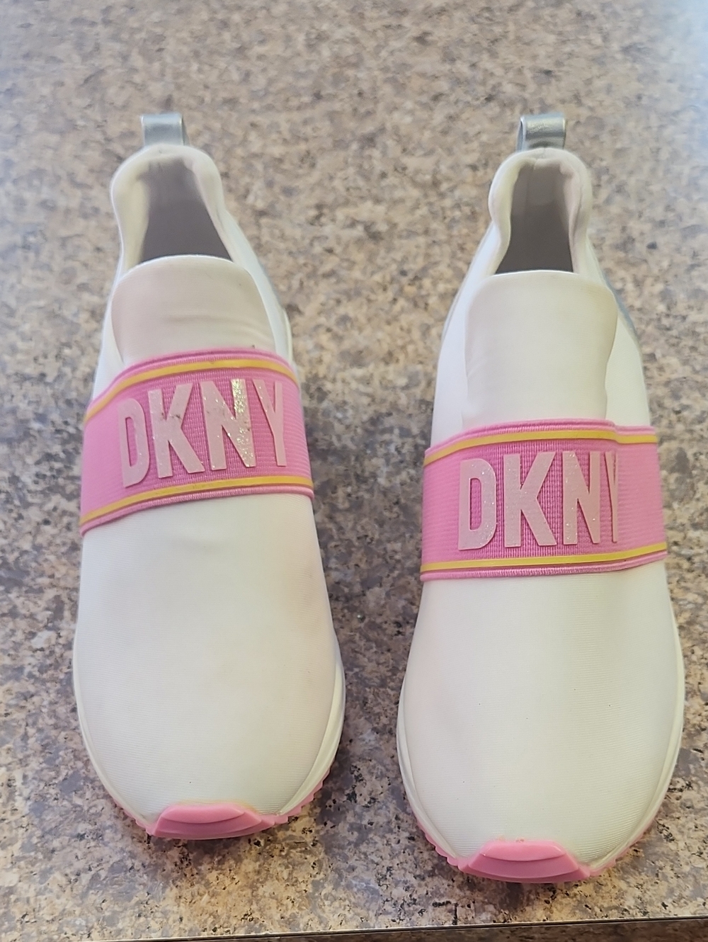 DKNY White Slip-On Kids Sneakers with Pink Logo Strap